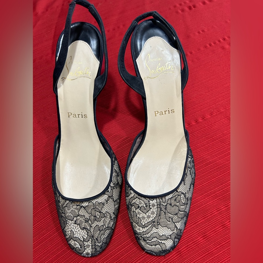 Pre-Owned CHRISTIAN LOUBOUTIN Black Mesh Tapestry Front w/Sling-back Heel 40 EU
